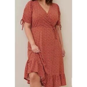 Torrid Midi A-Line Dress‎ Sz 1 Brown Polka Dot Studio Knit Surplice Bows Ruffle